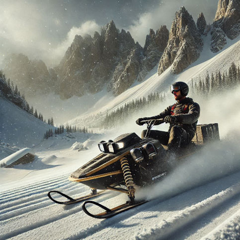 A rider on a Timbersled traversing a snowy trail, earbuds visible, surrounded by rugged mountain terrain.