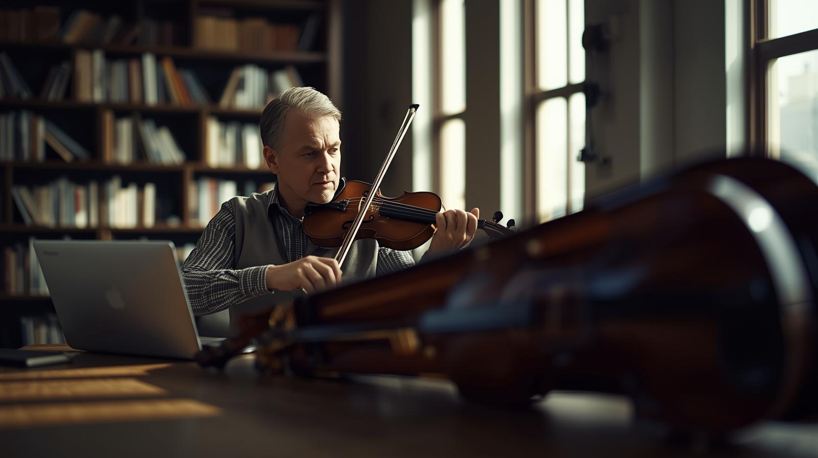 Classical violinist studying laptop beside instrument case in sunlit rehearsal room.