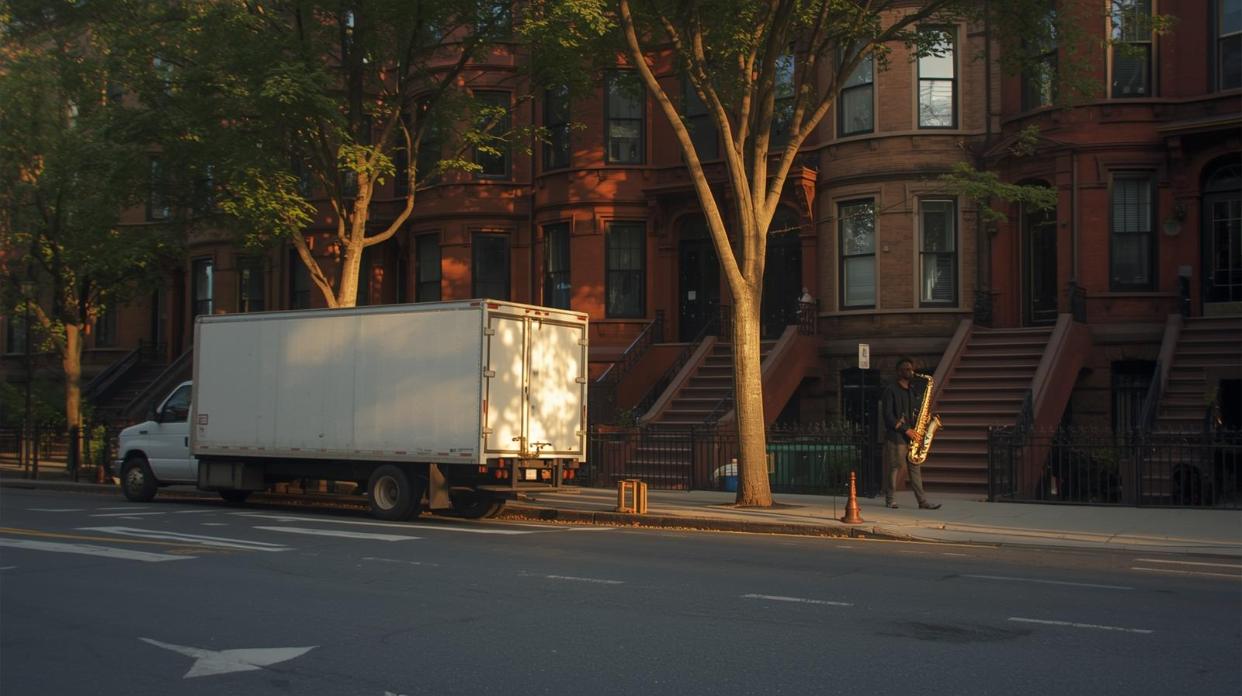 Moving truck on Astoria street with jazz musician nearby in golden sunlight.